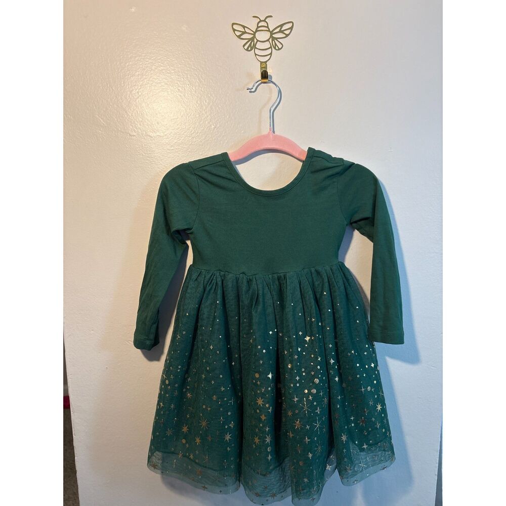 Hanna Andersson Girls 3T Green Gold Star Tulle Holiday Christmas Party Dress